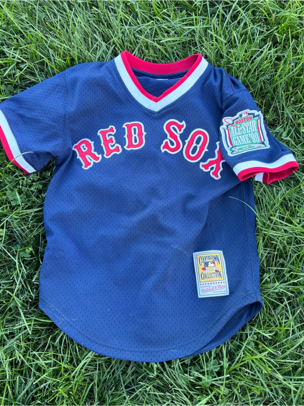 Red Sox 1999 Allstat 45 Mitchell & Ness Navy Red Sox Youth Short Sleeve Jersey